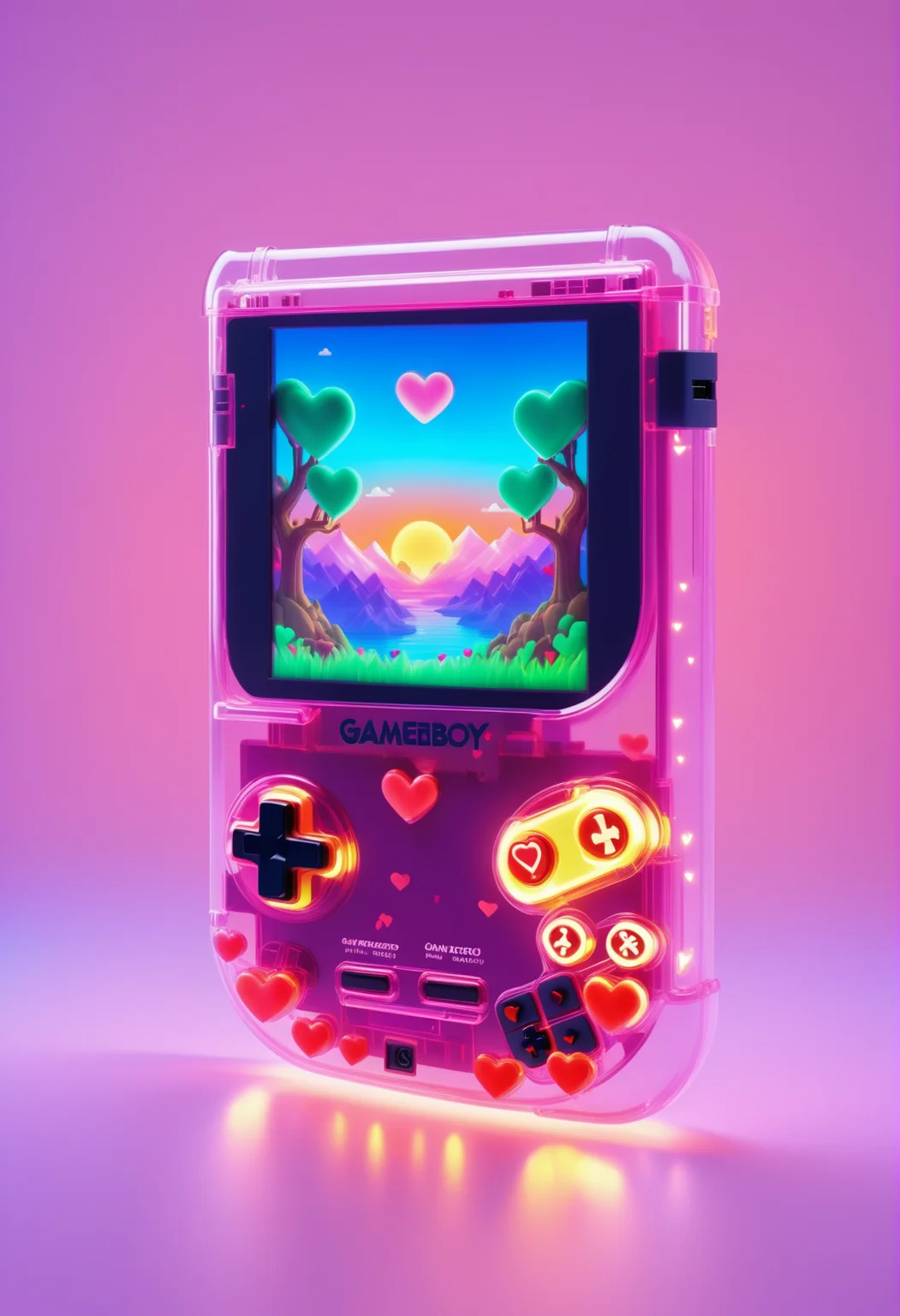 a gameboy made out of reij-trnsprnt filled with reij-hrts light by reij-glow <lora:heartglow-000006:1>, Medievalism, (Abyssal Hill:1.3) , pretty, fantasy, ethereal, Mauve aura forest, Fantasy, Vivid Colors, inspired by The Middle Ages, medieval art, elaborate patterns and decoration, Medievalism, D&D, ornate, expressive, highly contrasted, delicate, exquisite color, highly color focused, extremely rich detail
