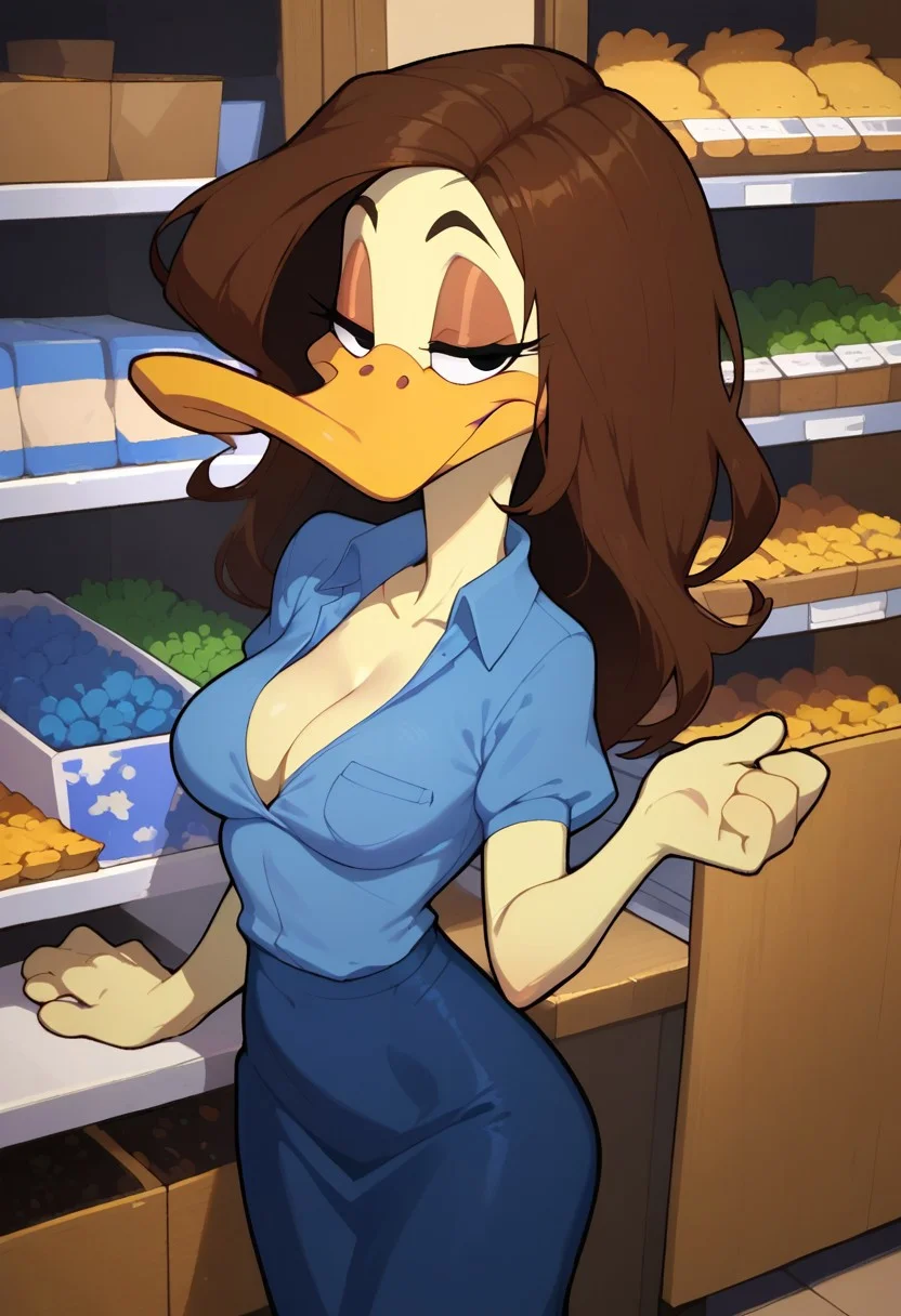 score_9,score_8_up,score_7_up,score_6_up,best quality,masterpiece, Expressiveh, background is supermarket, 1girl, solo
BREAK
TinaRussoSDXL, blue shirt, short sleeves, dark blue skirt, cleavage, medium breasts, straight hair, dark brown hair, black eyes, standing, eyes half closed, mouth open, seductive, flirty, furry female, female duck, light yellow fur, (shortstack:0.5)