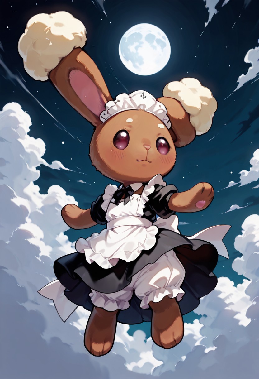 masterpiece, best quality, no humans, no land, zzBuneary, round eyes, soft fur, night sky, bright moon, jumping from sky, hidden nook, cute expression a Nestled beside a distant clouds, full cheek, aroused, Buneary wearing a maid dress, puffy sleeves, maid headdress, and bloomers while falling in the air. Dappled bright moon, glinting on her happy eyes as she tilts her head at a passing wind. Her tiny nose twitches as she sniffs the air, surrounded by distant clouds.  <lora:BunearyPokedex_IXL:1.0>,