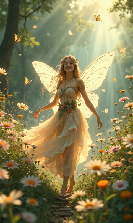 An enchanting fairy, ethereal and luminescent, dances gleefully among blooming wildflowers in a sunlit meadow. Her delicate wings, translucent and iridescent, glisten with every graceful movement. Her radiant face, with delicate features, beams with joy amidst the natural splendor. She wears a gown made of petals, leaves, and fine tendrils, adorned with sparkling dewdrops that capture the morning light. Around her, delicate butterflies flutter playfully, adding motion and vibrancy to the scene. Scattered wildflowers in shades of pink, yellow, and violet sway gently in the soft breeze. The background, a lush tapestry of deep greens and pastel blooms, feels alive and thrumming with unseen magic. Sunbeams pierce through the canopy, casting dappled patterns over the fairy's enchanting realm. Masterpiece, 8k, photorealistic, the scene captures an overwhelming sense of wonder and delight, evoking a dreamlike, whimsical atmosphere that leaves the viewer entranced with nature's magic and the fairy's captivating allure. <lora:Hand v2:0.3> <lora:Mezzotint_Artstyle_for_Flux_-_by_Ethanar:0.3> <lora:Blue_Future:0.4> <lora:flux_dev:1>