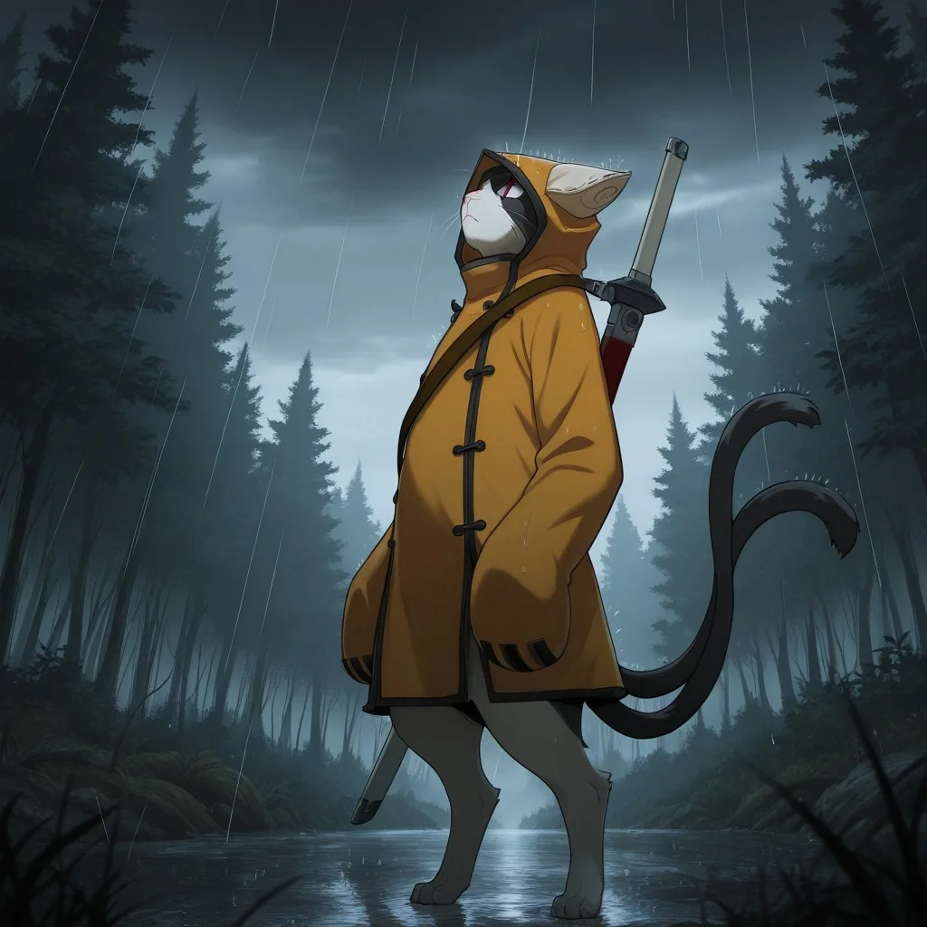 masterpiece, best quality, amazing quality, jub31, male, furry male, solo, anthro, cat, black fur, white fur, two-tone fur, red eyes, slit pupils, whiskers, pink nose, sharp teeth, paw pads, two tails, large orange hoodie, black trimmings, buttons, eyepatch, brown strap, sword on back, standing, looking up, sad, outdoors, forest, rain, dark clouds, cinematic, side view, low angle,