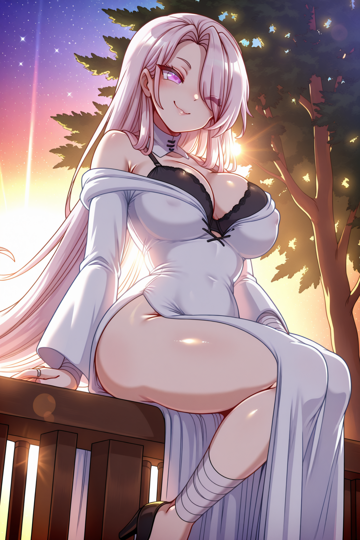 talia, very_long_hair, pink_hair, hair_over_one_eye, purple_eyes, blush, detached_collar, large_breasts, bandages, cleavage, white_dress, off_shoulder, long_sleeves, side_slit