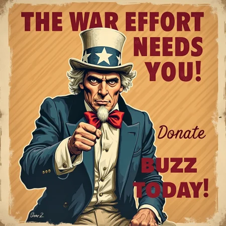 A vintage World War 2 poster that features uncle sam. In bold red text it reads "The War Effort Needs you! Donate Buzz Today!"