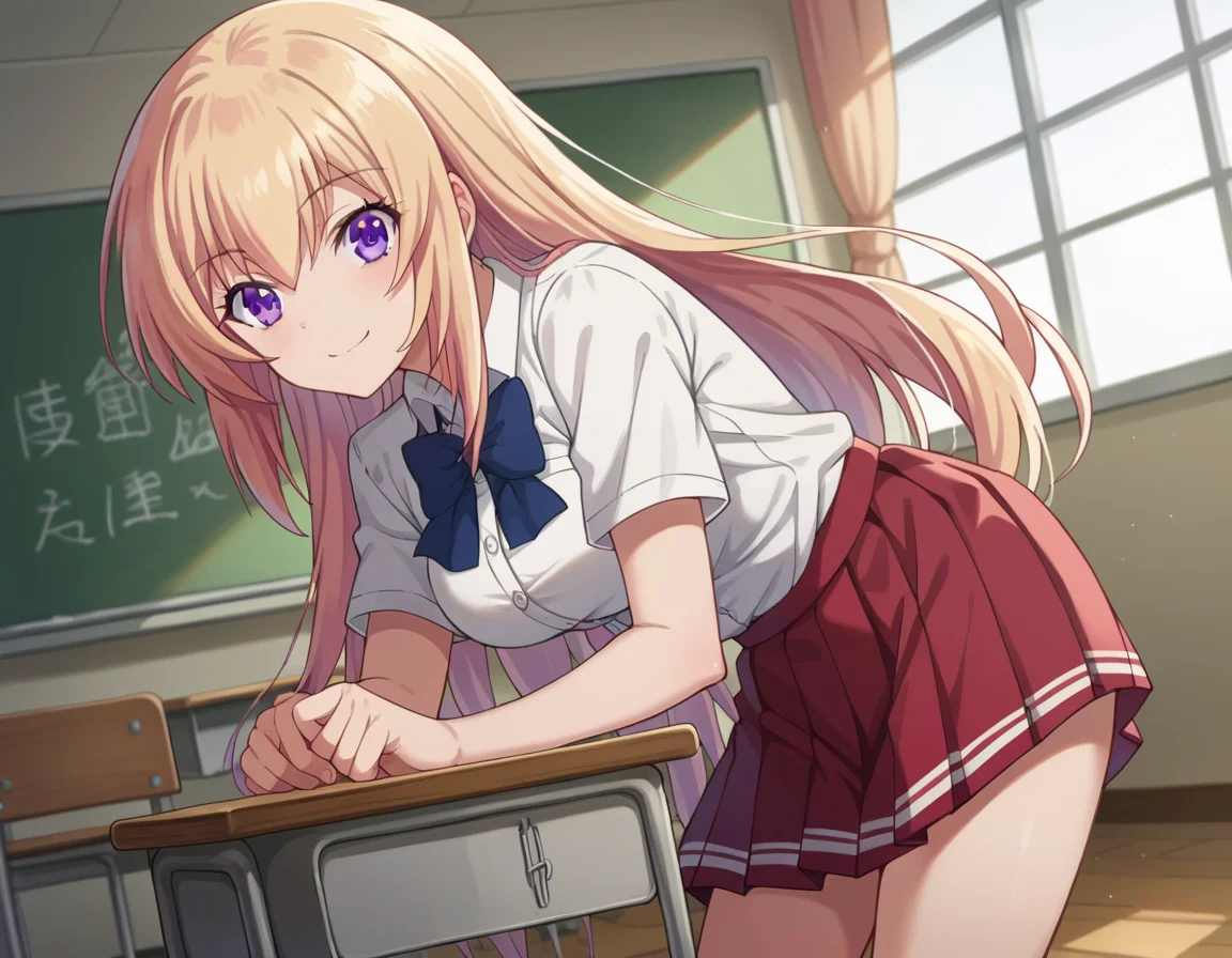 score_9, score_8_up, score_7_up, source_anime,
honamiichinose, <lora:honami-ichinose-s2-ponyxl-lora-nochekaiser:1>
honami ichinose, long hair, blonde hair, purple eyes, hair between eyes,
skirt, bow, school uniform, pleated skirt, bowtie, blue bow, red skirt, collared shirt, white shirt, short sleeves,
indoors, classroom, bent over, smile,
looking at viewer, dutch angle, cowboy shot