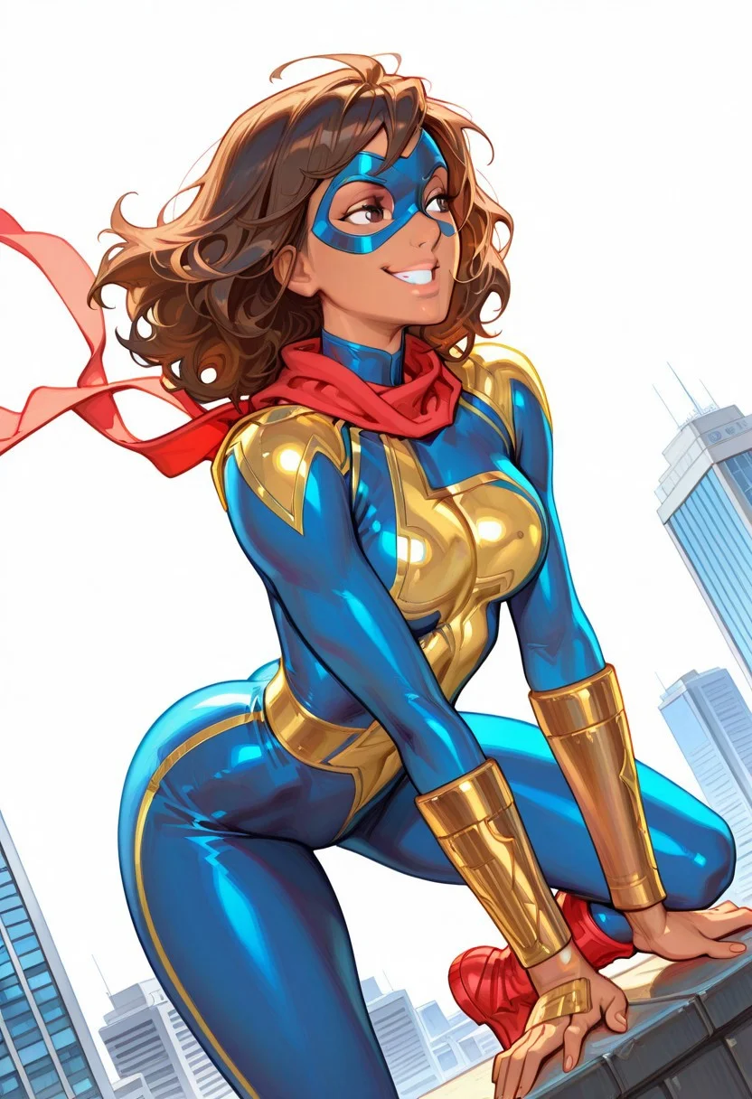 masterpiece, best quality, amazing quality, very aesthetic, absurdres, highres, newest, ledspac, mmkamalakhan, 1girl, solo, brown hair, medium hair,domino mask, smile, dark skinned female, blue bodysuit, lightning symbol, red scarf, gold pauldrons, gold bracers, red and gold boots, superhero fighting stance, smug expression, white background, rim lighting, dynamic angle, open sky, city skyline