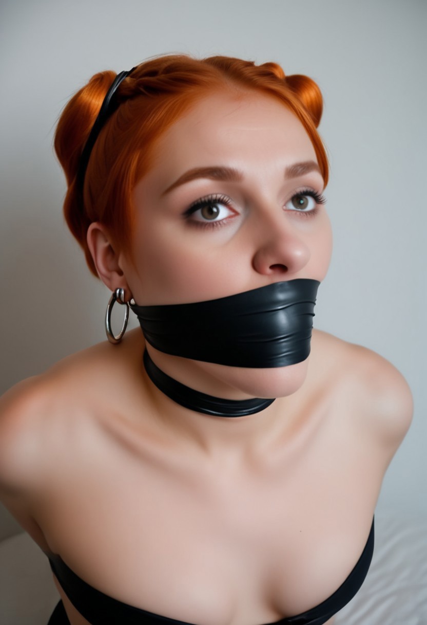 a 24 year old Caucasian woman with orange ginger hair in a high-arching twintails and bangs and dangling hoop earrings. She is lying on the bed with her head on a pillow and body bound and exposed. She looks up, fearful and afraid, she is wearing no clothes, and she is naked and nude,  black choker. She is looking up at the viewer and her arms are behind her back, Her arms and breasts are bound with rope