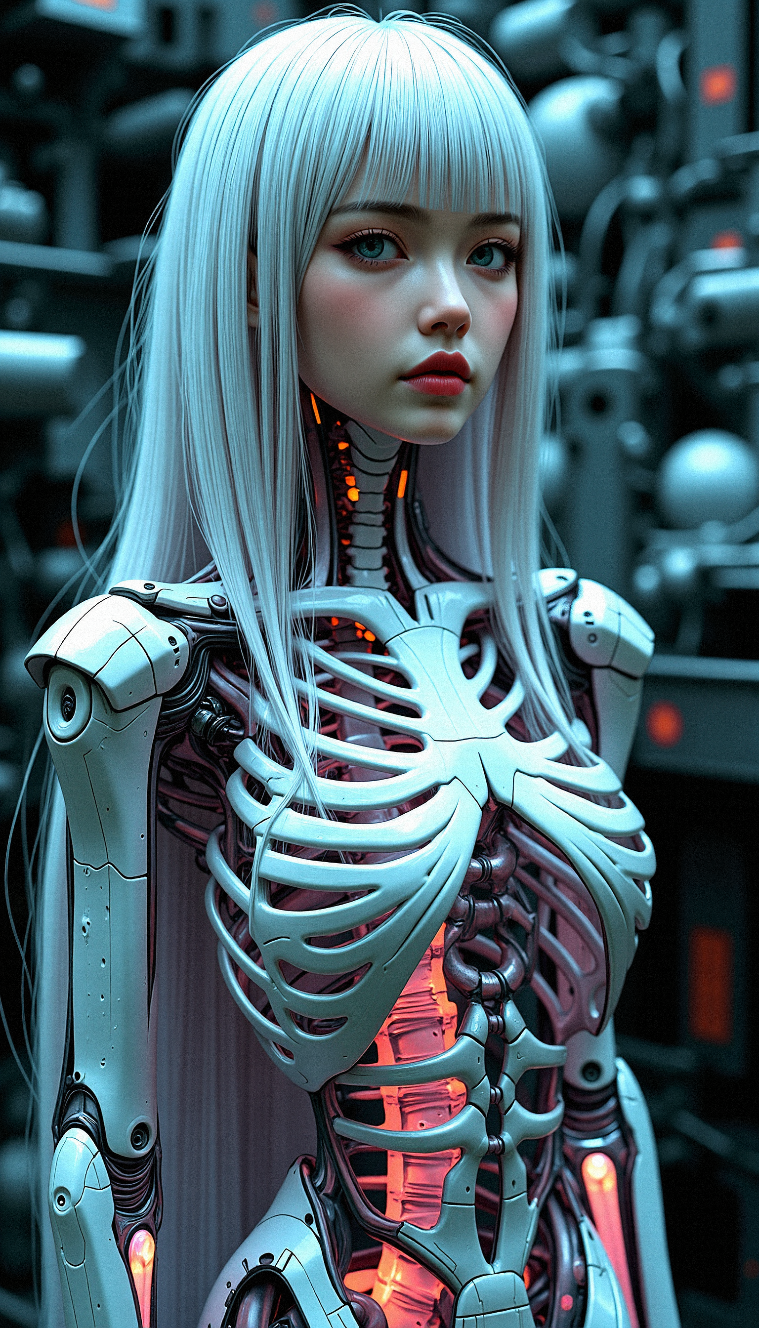 a photorealistic close-up of a futuristic female character with a pale, ethereal face that retains soft, human features and long, flowing hair with long bangs that glows faintly. The character’s body transitions into a glossy, intricate metallic skeleton from the neck down, with ribs, spine, and limbs that resemble polished bone. These bones reflect iridescent colors—teal, pink, and violet—adding a chameleon-like quality. Her ribcage and skeletal arms look organic yet machine-like, connected with intricate wires and joints that suggest advanced robotics. The dimlit lighting background full of machinery emphasizes her glowing elements and surrounding futuristic, casting soft, dramatic shadows that enhance her otherworldly aura. Maintain a high level of detail, focusing on the textures and reflective qualities of the metallic skeleton while capturing the ethereal softness of her face and hair.