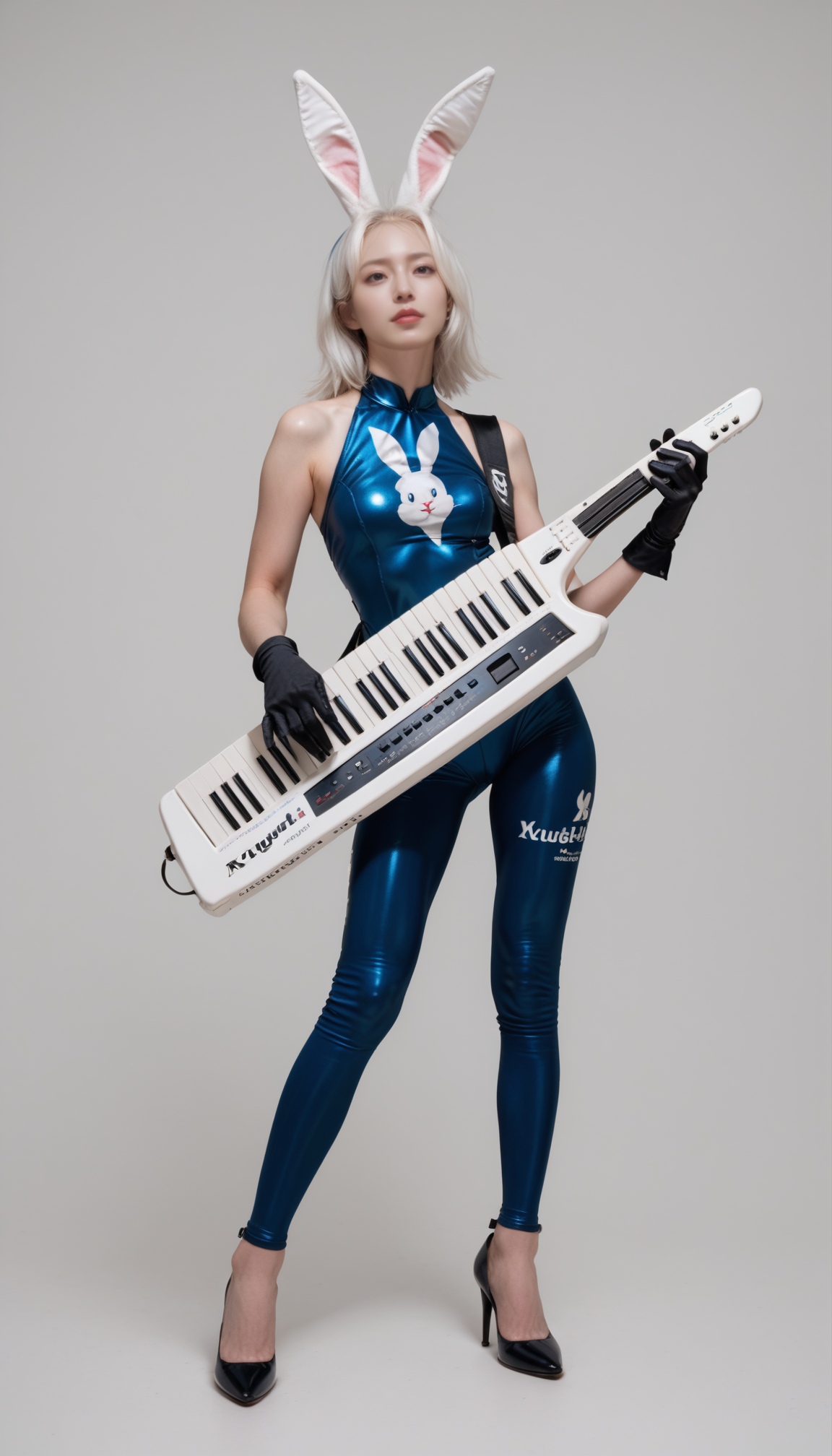 1girl, blue bodysuit,skin tight,bunny print,gloves, high heels, full body, stand,  white hair,
score_9, score_8_up, score_7_up,  simple background, realistic, photorealistic, 
playing keytar, keytar,  <lora:keytar-pony-000007:0.7>