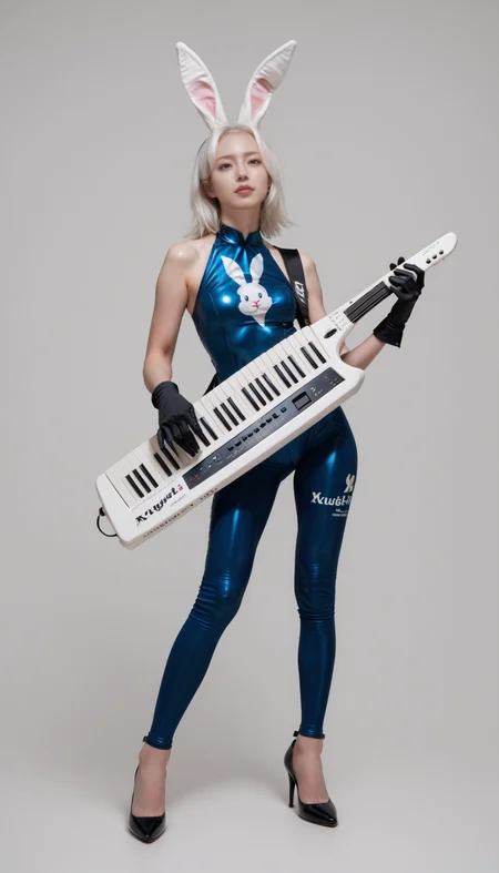 1girl, blue bodysuit,skin tight,bunny print,gloves, high heels, full body, stand, white hair,
score_9, score_8_up, score_7_up, simple background, realistic, photorealistic,
playing keytar, keytar, <lora:keytar-pony-000007:0.7>