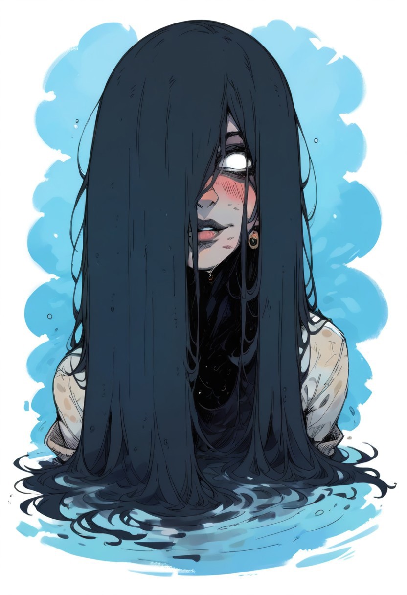 ((Rating_sfw)) , score_9, score_8_up, score_7_up, score_6_up, score_5_up, score_4_up,
best quality, highly detailed, intricate details, extremely detailed, smooth lines,
...
theonryoxl,long black hair,pale skin,white eyes,evil smile,very long hair,hair over one eyes,hair between eyes, dirty white dress with sleeves,skin tight, see-through shirt, sagging breasts,puffy nipples,wet clothes, dirt,night,old well, <lora:TheOnryoS:0.9>,((convenient_sensoring)) 
...
(looking at viewer), thick lips, parted lips, covered, earrings, (full body), blushed, focus on face,
...
abstract background, water,