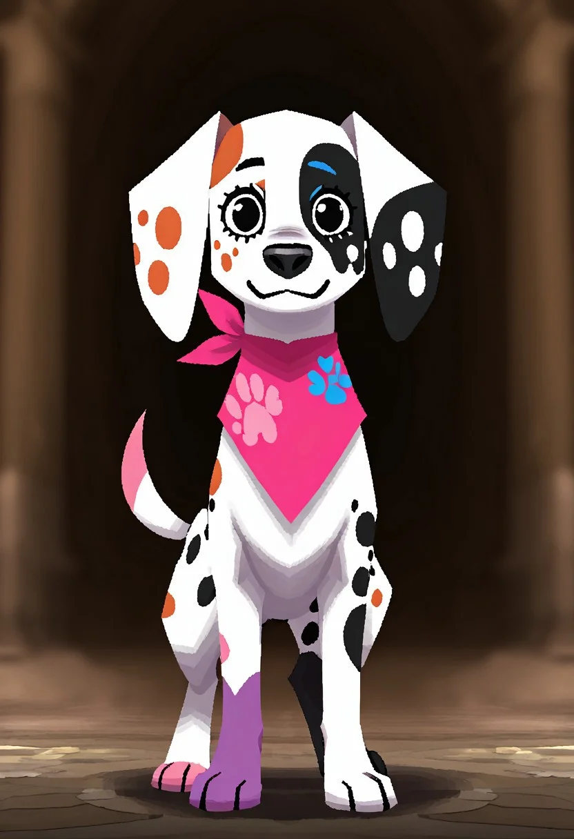ps1ch4r4cter, full body, solo, simple background, masterpiece, best quality, amazing quality, very aesthetic, high resolution, ultra-detailed, absurdres, newest, scenery, depth of field, scenery, volumetric lighting, Da_vinci, Solo, 1girl, feral, dog, dalmatian, white fur, pink paw, purple paw, snout, black nose, black spots, colored spots, colored paws, colored tail, thin tail, large ears, black eyes, black nose, pink bandana, full body, looking at viewer, standing, front view, from the front, feral, animal, quadruped,