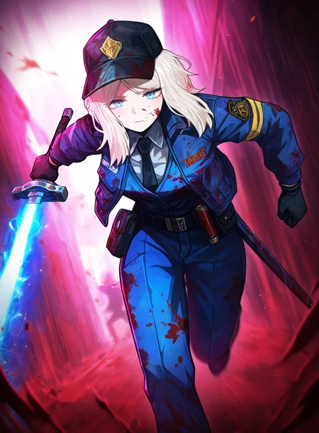 masterpiece, best quality, low quality, worst quality
BREAK
1girl, blood, weapon, solo, blood on clothes, hat, sword, faust \(project moon\), holding, blue eyes, pants, holding weapon, gloves, baseball cap, white hair, blood on face, running, black gloves, necktie, shirt, holding sword, medium hair, black pants, black headwear, blue pants, closed mouth, blood in hair, looking at viewer, energy sword, long hair, pouch, jacket, police, blood splatter,
<lora:nai_ga-ill-fandingo:1>