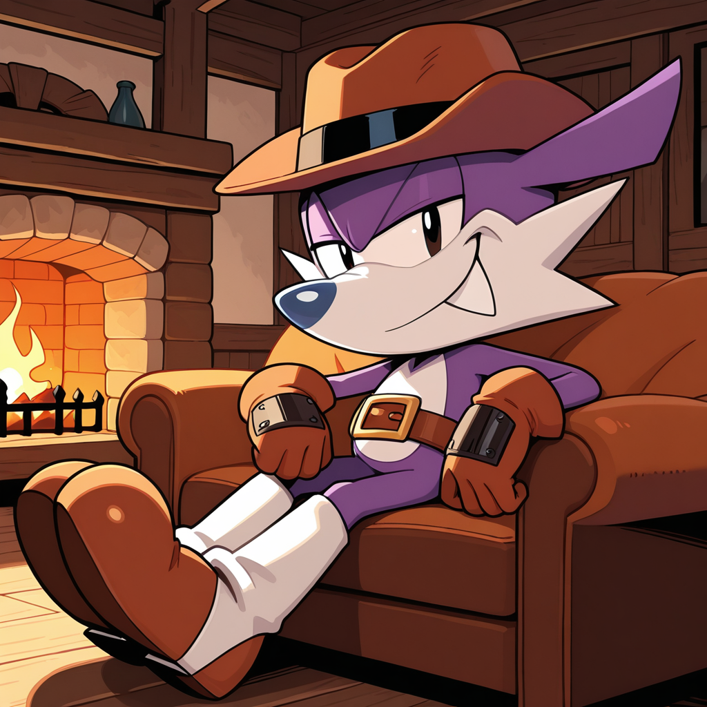 <lora:Fang_the_Sniper_-_Illustrious_V2:1> 1boy, Fang the sniper, boots, gaiters, stetson hat, belt, gloves, looking at viewer, smile, sitting, couch, relaxing, cabin, indoors, relaxing, fireplace, masterwork, masterpiece