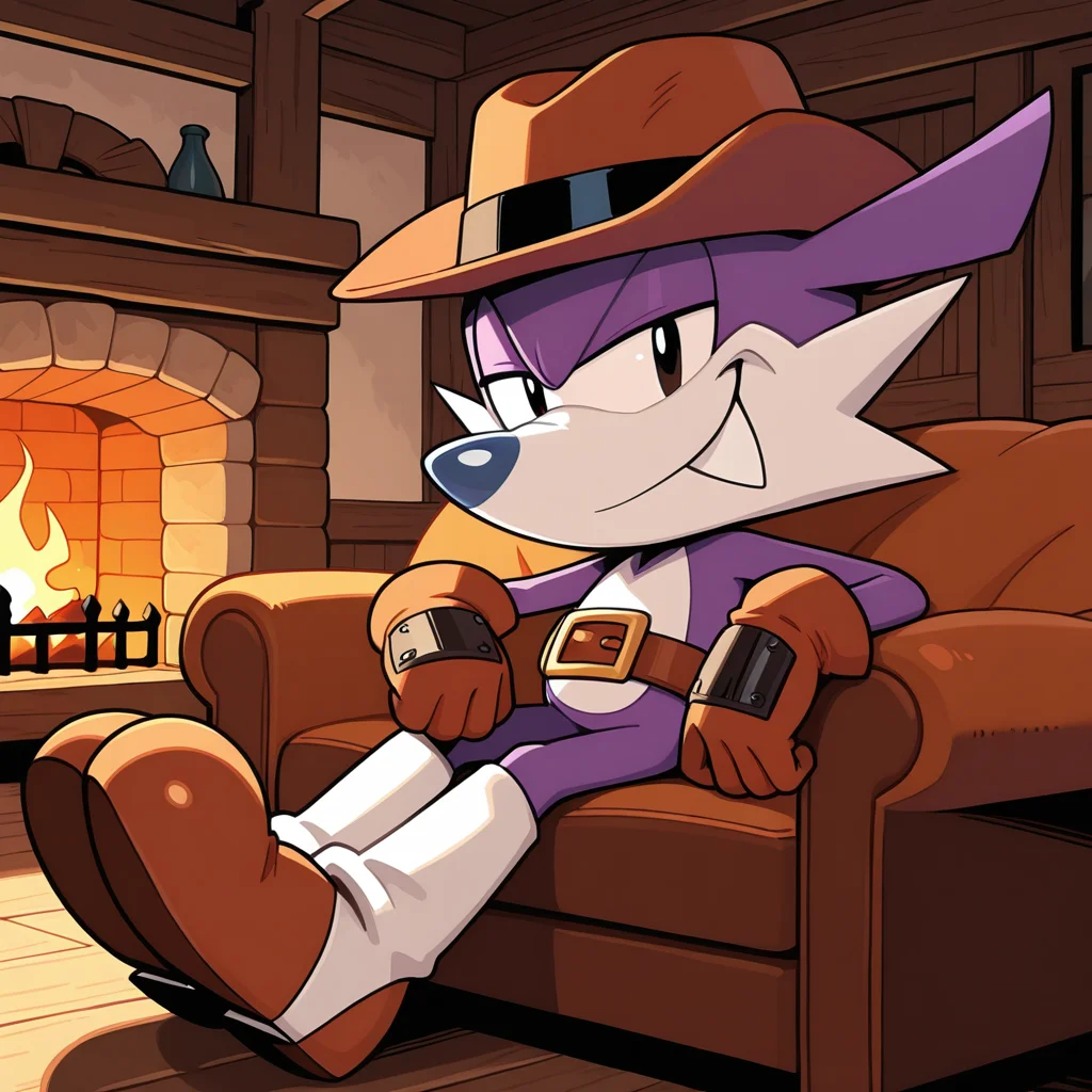 <lora:Fang_the_Sniper_-_Illustrious_V2:1> 1boy, Fang the sniper, boots, gaiters, stetson hat, belt, gloves, looking at viewer, smile, sitting, couch, relaxing, cabin, indoors, relaxing, fireplace, masterwork, masterpiece