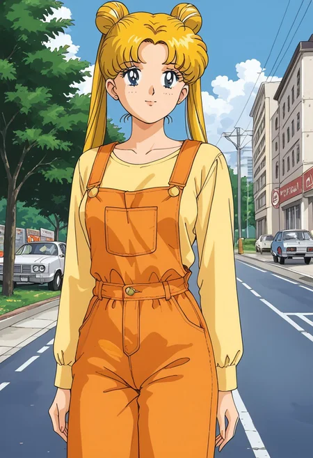 retro art style, solo, Tsukino Usagi, 1 girl, blue eyes, parted bangs, long hair, blonde hair, two pigtails, double buns, very long hair, medium breasts, (orange overalls, short pants overalls, yellow blouse, long sleeves), cowboy photo,  street background