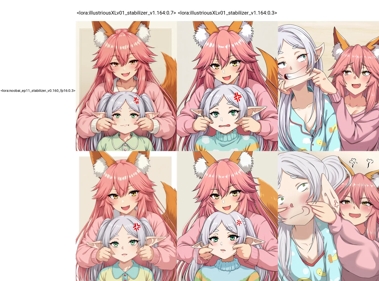 <lora:illustriousXLv01_stabilizer_v1.164:0.7><lora:noobai_ep11_stabilizer_v0.58_fp16:0.6><lora:noobai_ep11_stabilizer_v0.160_fp16:0.3>2girls,tamamo \(fate\),fox ears,pink hair,smile,yellow eyes,fang,frieren,white hair,green eyes,anger vein,upper body,open mouth,rainbow pajamas,sweater,cheek pull,masterpiece,(ar \(lover boy\):0.5),