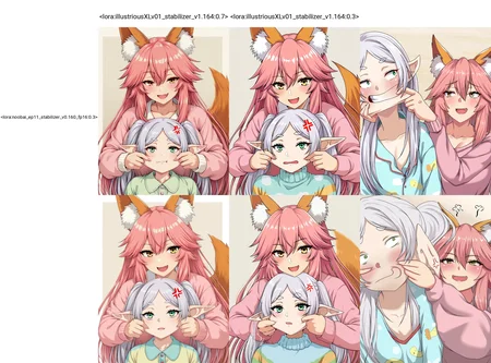 <lora:illustriousXLv01_stabilizer_v1.164:0.7><lora:noobai_ep11_stabilizer_v0.58_fp16:0.6><lora:noobai_ep11_stabilizer_v0.160_fp16:0.3>2girls,tamamo \(fate\),fox ears,pink hair,smile,yellow eyes,fang,frieren,white hair,green eyes,anger vein,upper body,open mouth,rainbow pajamas,sweater,cheek pull,masterpiece,(ar \(lover boy\):0.5),