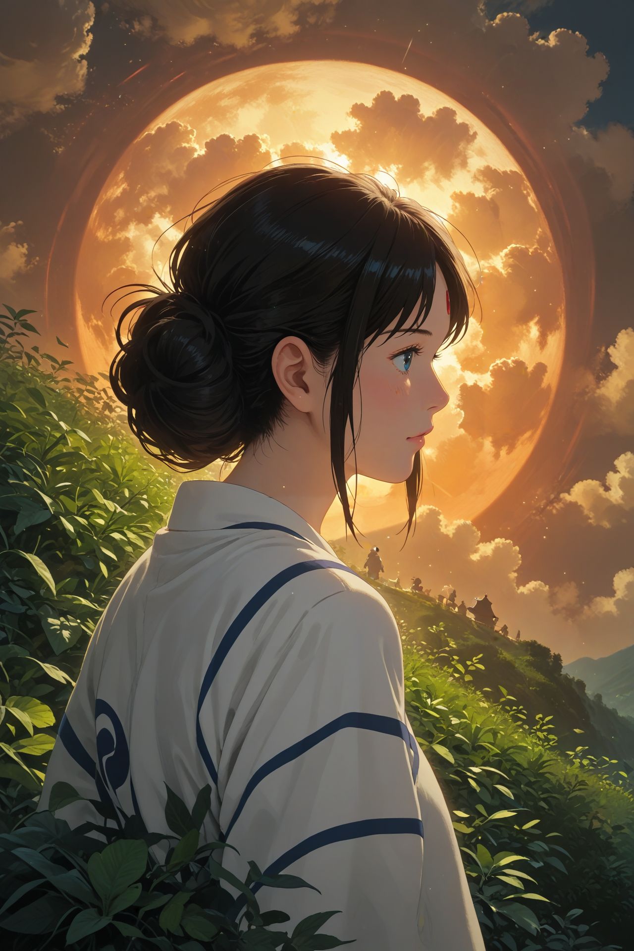 colorful,detailed background,Cinematic Lighting,film grain,score_9,score_8_up,score_7_up,masterpiece,best quality,highly detailed,
<lora:(增强)sdxl_lightning_8step_lora:1>,<lora:glowneon_xl_v1:1>,glowing,
<lora:Ghibli2XLP:1>,ghibli,
1girl,from behind,plant,cloud,tenkuu no shiro laputa,