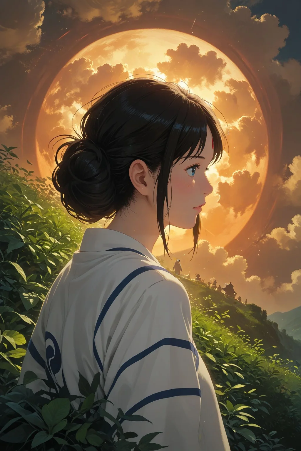 colorful,detailed background,Cinematic Lighting,film grain,score_9,score_8_up,score_7_up,masterpiece,best quality,highly detailed,
<lora:(增强)sdxl_lightning_8step_lora:1>,<lora:glowneon_xl_v1:1>,glowing,
<lora:Ghibli2XLP:1>,ghibli,
1girl,from behind,plant,cloud,tenkuu no shiro laputa,