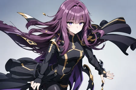 masterpiece, best quality, 1 girl, <lora:etaTheEminenceIn_etaV1:0.7>, bangs, black footwear, bodysuit, cape, full body, long hair, pants, purple hair, purple eyes