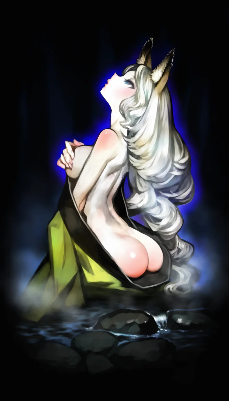 masterpiece,best quality,amazing quality,
<lora:yuzuruhaNAI>,yuzuruha,mature,
1girl,solo,pale skin,
white hair,long hair,wavy hair,fox ears,blue eyes,
green kimono,(topless:1.2),covering breasts,
sitting,
from side,legs in water,(ass:1.1),backless,(ass exposure:1.1),
(body blush:1.1),closed eyes,(leaning back:1.3),looking up,parted lips,arm support,(arched back:1.2),
wet clothes,
rain,(wet:1.1),(dripping:1.1),sticky,sweaty,
outdoors,night,fog,depth of field,dark,vignetting,fog,forest,rock,hands on ground,onsen,black background,soft lighting,glowing aura,