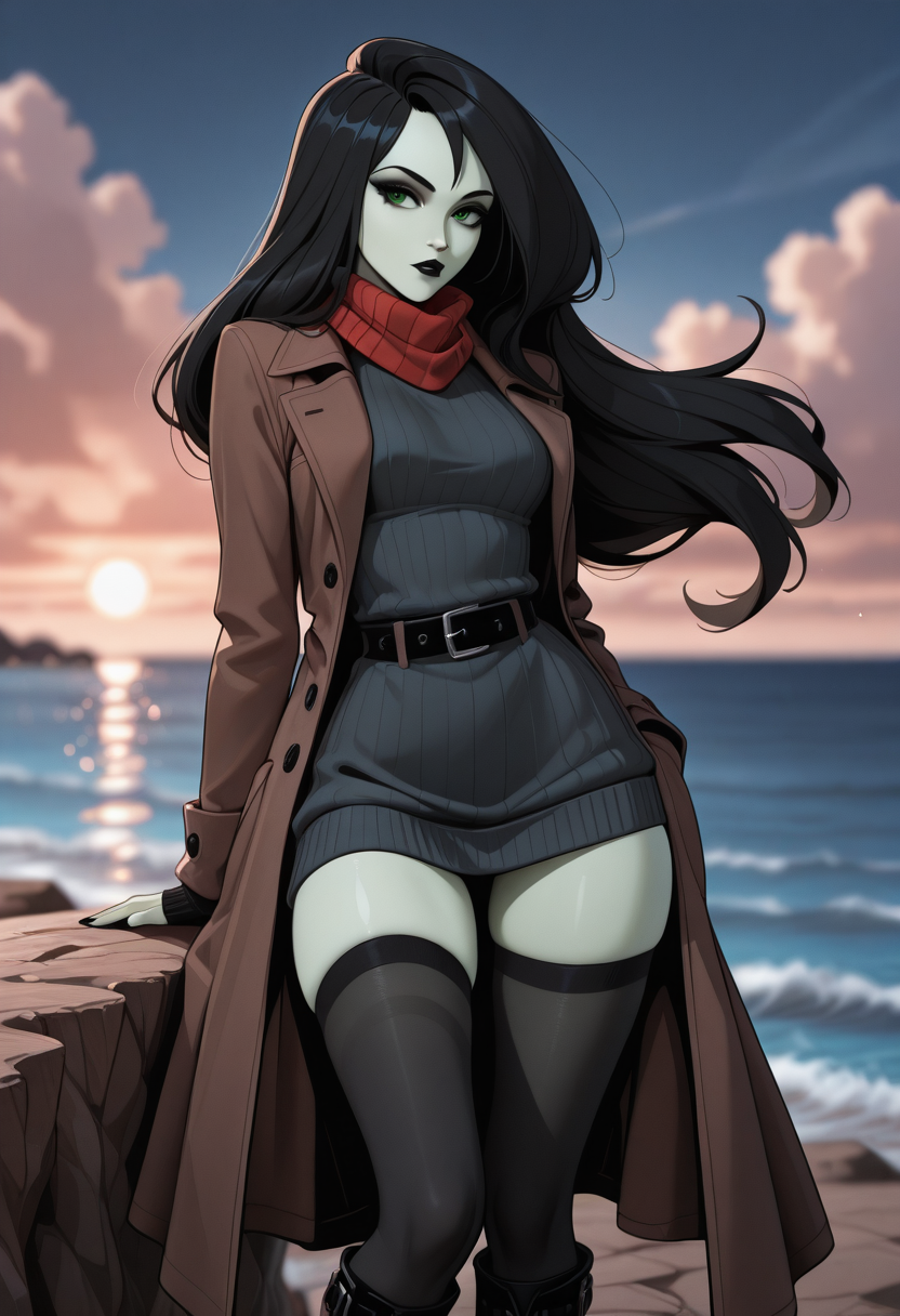, kim_possible_\(series\), shego, green skin, green_eyes, medium_breasts, black hair, black lips, long_hair, scarf, long coat, sweater, thighhighs, boots, 1girl, half body, standing on cliff, ocean in background, wind blowing hair, dramatic sky, clouds, natural lighting, outdoor, very awa, masterpiece,best quality,newest, absurdres, detailed background, detailed hair, depth of field, detailed skin,very aesthetic, ultra-detailed, OverallDetailXL, aged up, BREAK,
