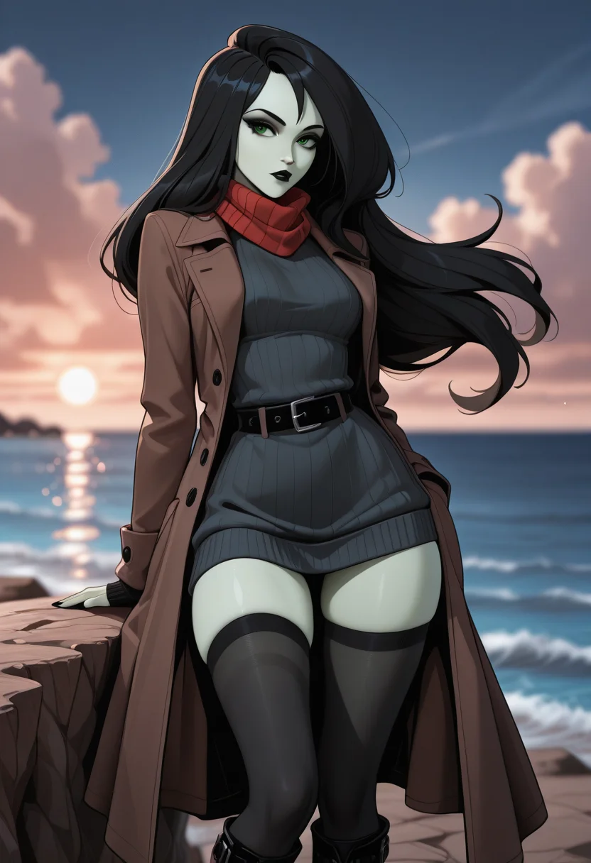 , kim_possible_\(series\), shego, green skin, green_eyes, medium_breasts, black hair, black lips, long_hair, scarf, long coat, sweater, thighhighs, boots, 1girl, half body, standing on cliff, ocean in background, wind blowing hair, dramatic sky, clouds, natural lighting, outdoor, very awa, masterpiece,best quality,newest, absurdres, detailed background, detailed hair, depth of field, detailed skin,very aesthetic, ultra-detailed, OverallDetailXL, aged up, BREAK,