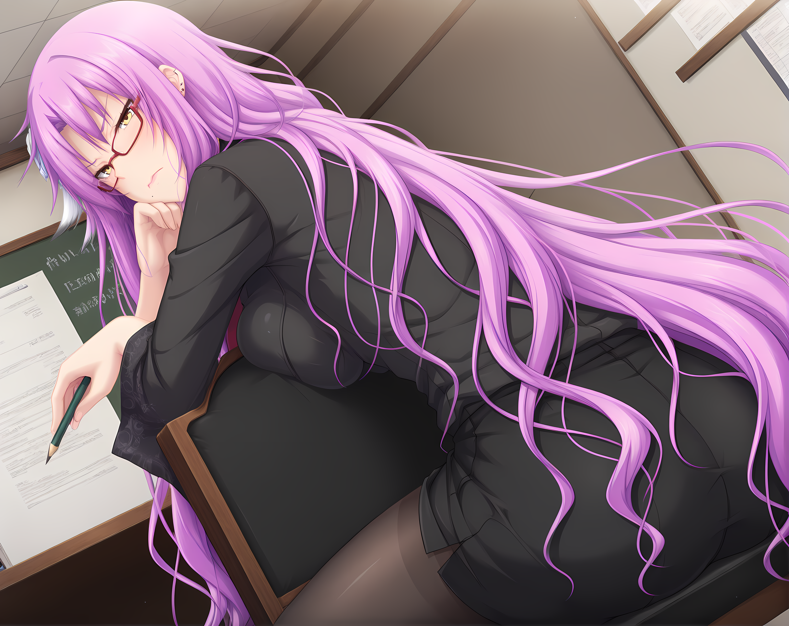 <lora:Feruano:1>,feruano,purple hair,hair between eyes,very long hair,yellow eyes,teacher,pencil skirt,hand on chair,necktie,frown,solo,indoors,glaring,holding,thighband pantyhose,lips,straddling chair,sitting,black shirt,no gloves,red-framed eyewear,breast press,, masterpiece,best quality,amazing quality, very aesthetic, absurdres,detailed eyes,ultra-detailed,