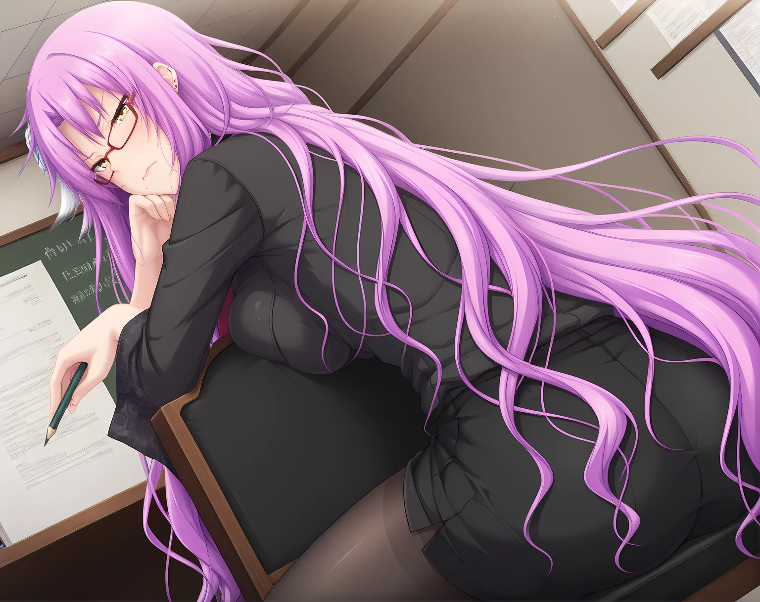 <lora:Feruano:1>,feruano,purple hair,hair between eyes,very long hair,yellow eyes,teacher,pencil skirt,hand on chair,necktie,frown,solo,indoors,glaring,holding,thighband pantyhose,lips,straddling chair,sitting,black shirt,no gloves,red-framed eyewear,breast press,, masterpiece,best quality,amazing quality, very aesthetic, absurdres,detailed eyes,ultra-detailed,
