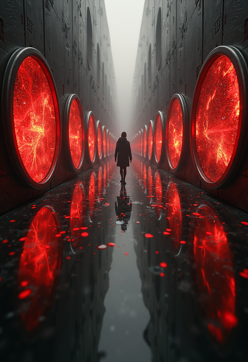 monochromatic art by Marianne Breslauer and Théophile Steinlen, In a dystopian world filled with swirling energy, the air is thick with a symmeth of darkness. A series of glowing explosions refracting in each other, their metallic forms and flashers casting deep reflections on both walls. Red metal bands pulse with an aura that seems as fluid, electric contrails pulsating against them as they dance and twist through space around them, creating chaotic scenes in twisted gear. Massive gears of reality grinding against each other, with scenes from different dimensions visible in the spaces between, Inspired by steampunk aesthetics and cosmic horror, Intricate mechanical details, Contrast between warm, metallic tones and cool void colors, Cosmic, overwhelming, reality-bending,, avant-garde photography, portrait photography, experimental compositions, Art Nouveau, lithography, posters, cats, bohemian Parisian scenes
