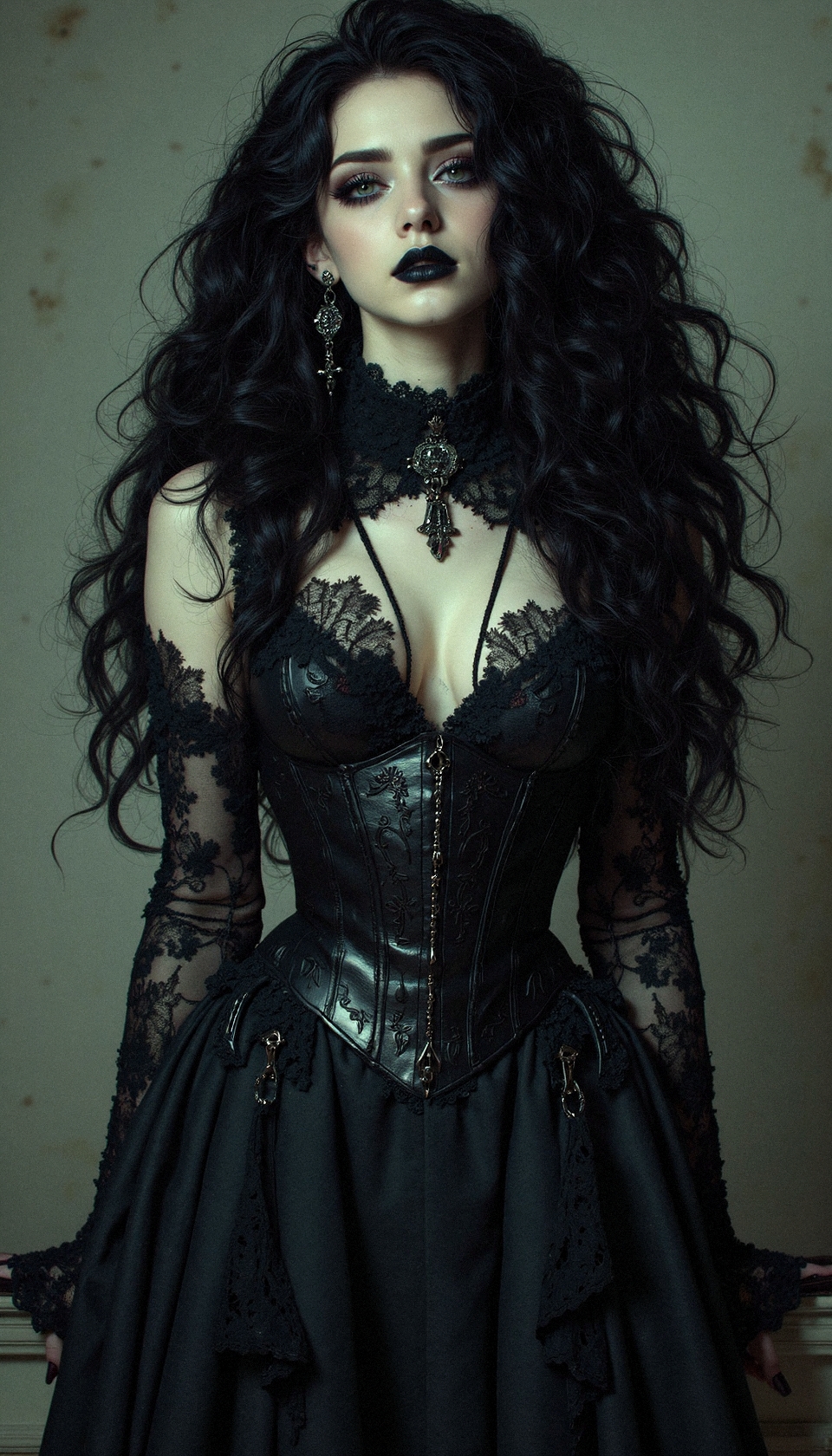 "Create a photorealistic image of a woman standing in a dimly lit room with a gothic aesthetic. Her voluminous, wild black curls are a striking feature, and she wears a structured black corset dress with lace detailing. Her hauntingly pale complexion contrasts with her dark, dramatic makeup, emphasizing her piercing gaze. The background is plain and muted, enhancing her as the focal point. Pay close attention to the intricate details of her dress, the natural shadows of her curls, and the sharp yet soft expression on her face."
 <lora:realism_lora_comfy_flux_converted:0.5> <lora:MoriiMee_Gothic_Niji_Style_FLUX:0.5>