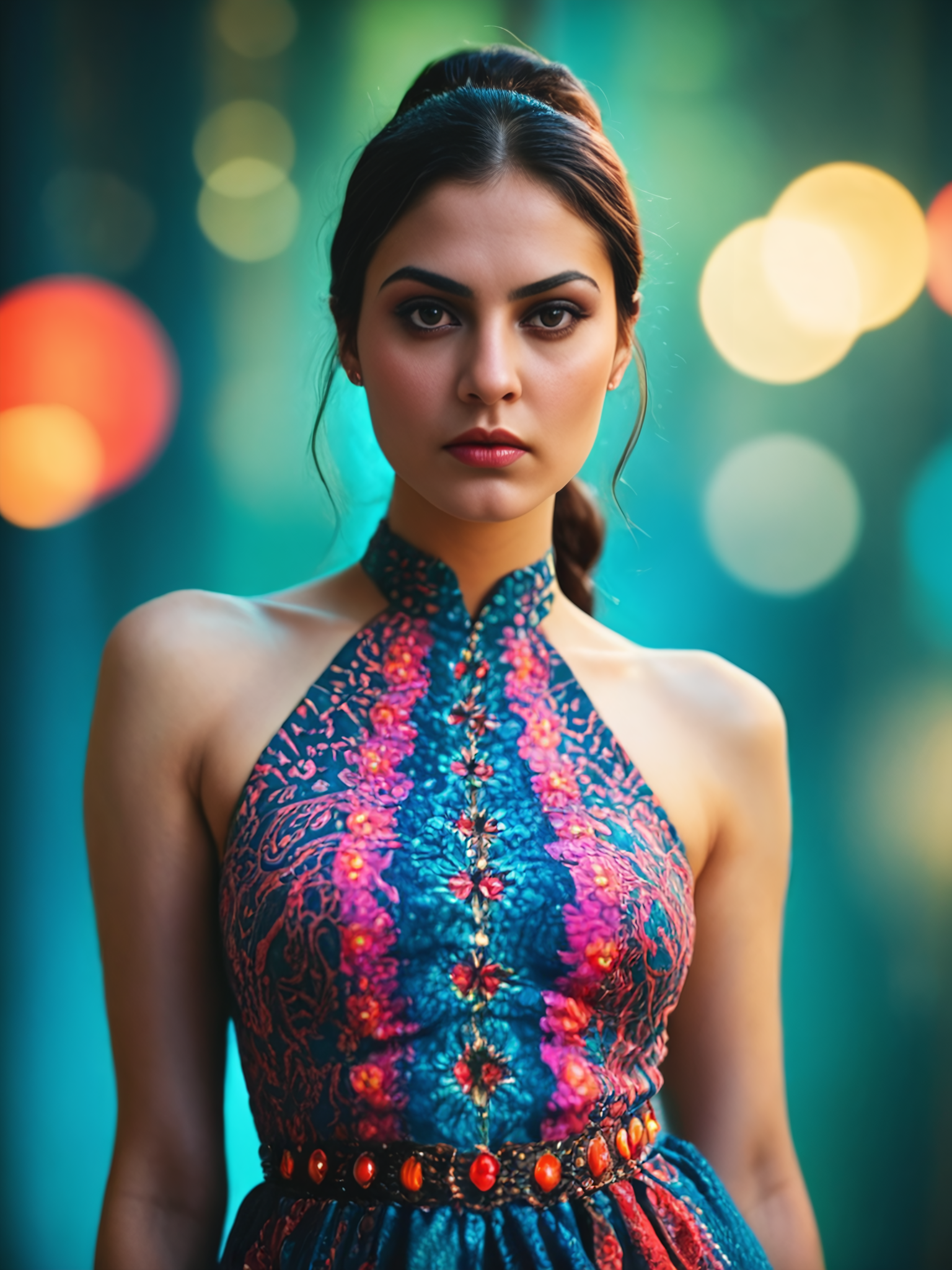 score_9, score_8_up, score_8,upper body photo, realistic, average sized, solo,serious, desi:0.5, ethnic dress, censored, colorful background bokeh, rating_safe, <lora:Desi_Tabela_PonyXL_LoRA_prodigy_local:0.6>