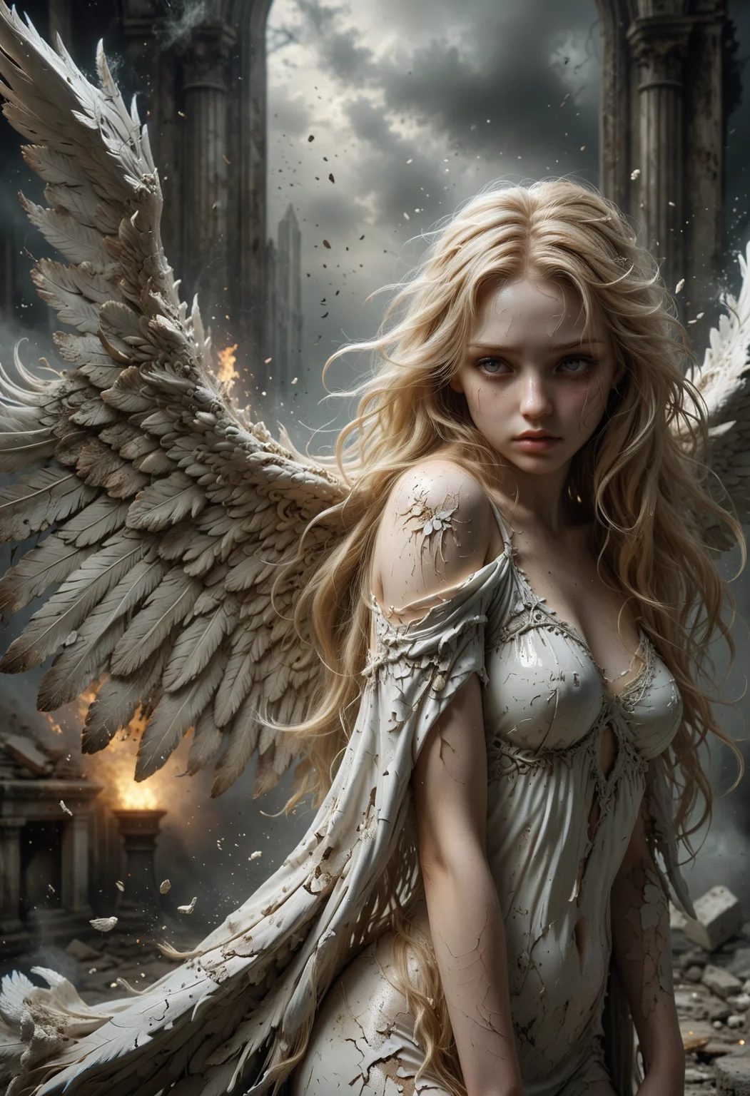 Beautiful adult angel girl with beautiful long blonde hair chaos around her ((beautiful render)) ((worked out person)) ((detailed skin)) ((gloomy atmosphere ))
<lora:add-detail-xl:0.35> <lora:MJ52:0.18> <lora:ral-anmwrlds-sdxl:0.3> ral-anmwrlds <lora:ral-porcelain:0.4> ral-porcelain <lora:ral-cltc:0.1> ral-cltc <lora:ral-dissolve:0.25> ral-dissolve <lora:zavy-mthcl-sdxl:0.2> <lora:SDXLFaeTastic2400:0.2> <lora:WildcardX-XL-Detail-Enhancer:0.5>
