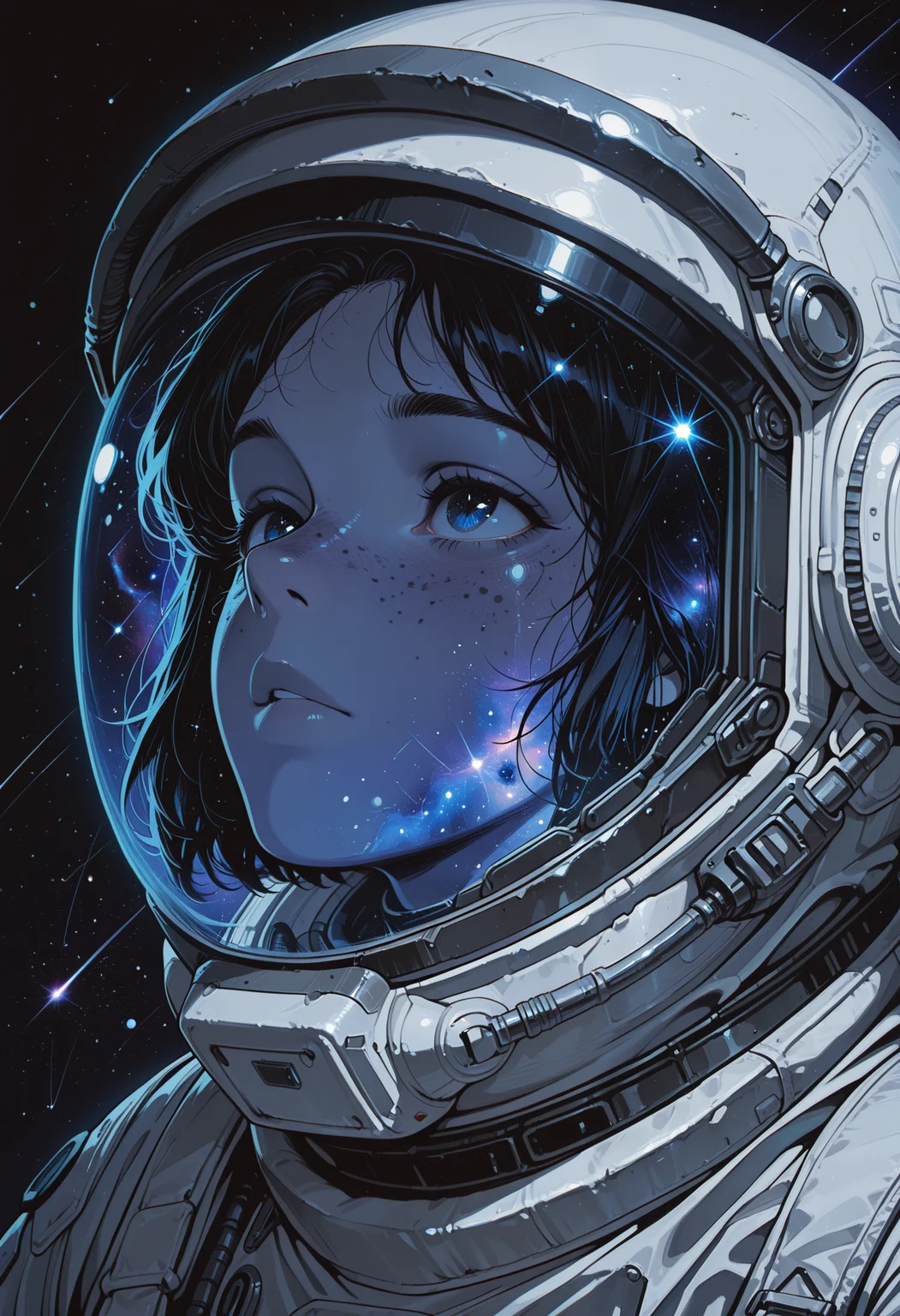 embedding:IllusP0s, codex sss chroma
1girl, solo, close-up, looking_up, astronaut, space_suit, space_helmet, helmet_on, short_hair, freckles, stars, galaxy, reflection, helmet_visor, nebula, dark_background