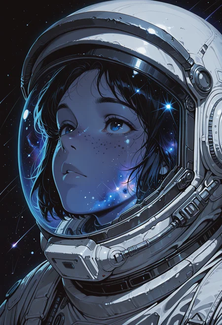 embedding:IllusP0s, codex sss chroma
1girl, solo, close-up, looking_up, astronaut, space_suit, space_helmet, helmet_on, short_hair, freckles, stars, galaxy, reflection, helmet_visor, nebula, dark_background