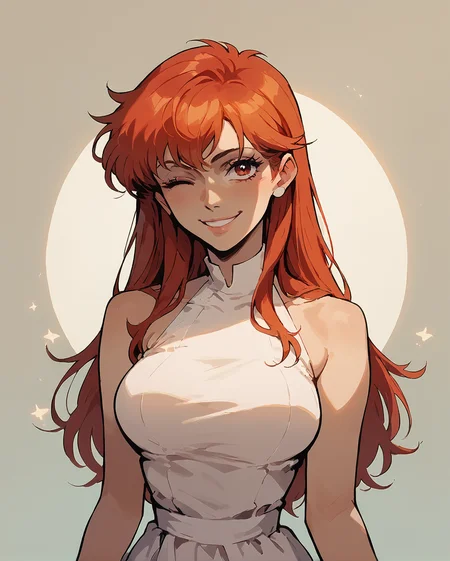 yoko, 1girl, red hair, solo, red eyes, long hair, wearing revealing white dress, flirty, whole body, sexy pose, wink, smile, simple background <lora:fallen_ai_PONY_Tia_Noto_Yoko_Bastard:0.7> <lora:IncaseLycoXL:1>, zPDXL, score_8_up, score_7_up, score_6_up, score_9, illustration, <lora:Concept Art Twilight Style SDXL_LoRA_Pony Diffusion V6 XL:0.75>