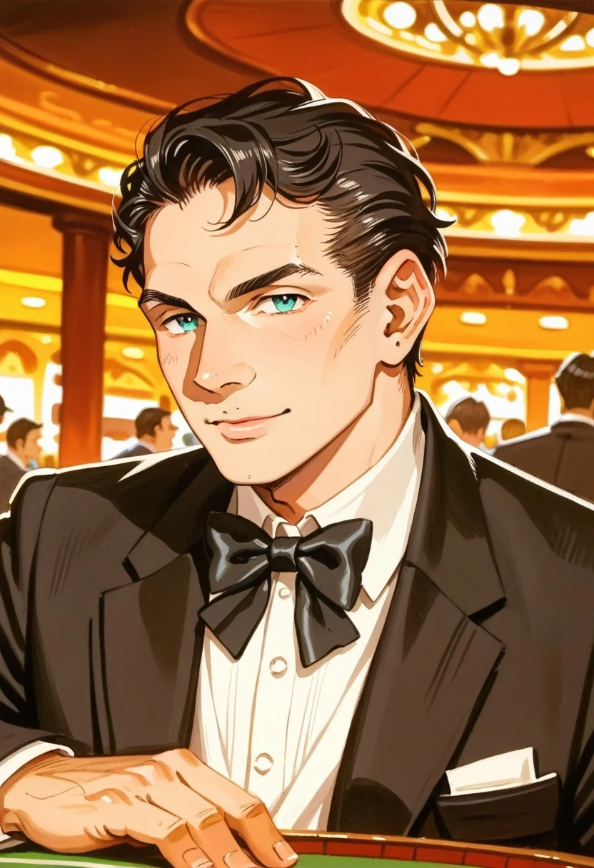 score_8, score_8_up, score_7_up,  traditional media, 1boy, male focus, solo, DE007, black hair, aqua eyes, upper body, tuxedo, bowtie, black jacket, white shirt, asymmetrical hair, indoors, casino, casino card table, casino token, mature male