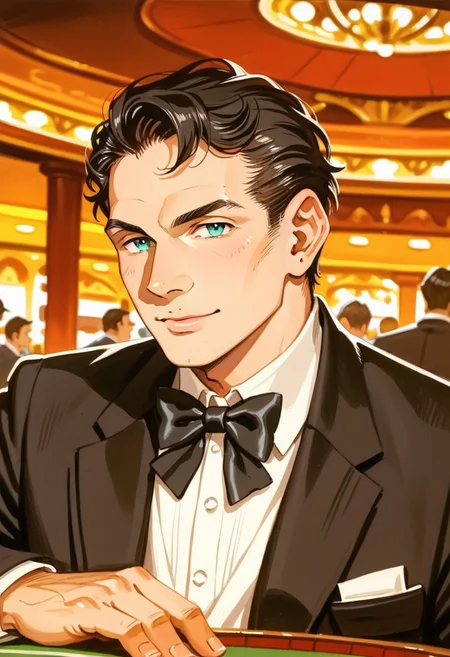 score_8, score_8_up, score_7_up, traditional media, 1boy, male focus, solo, DE007, black hair, aqua eyes, upper body, tuxedo, bowtie, black jacket, white shirt, asymmetrical hair, indoors, casino, casino card table, casino token, mature male