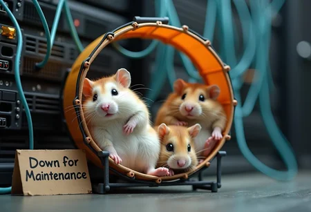 exhausted hamsters in a wheel taking a rest, wires and cables connecting the wheel to a server in the background, depth of field, bokeh, focus on hamsters. little paper sign next to the wheel that says: "Down for Maintenance"