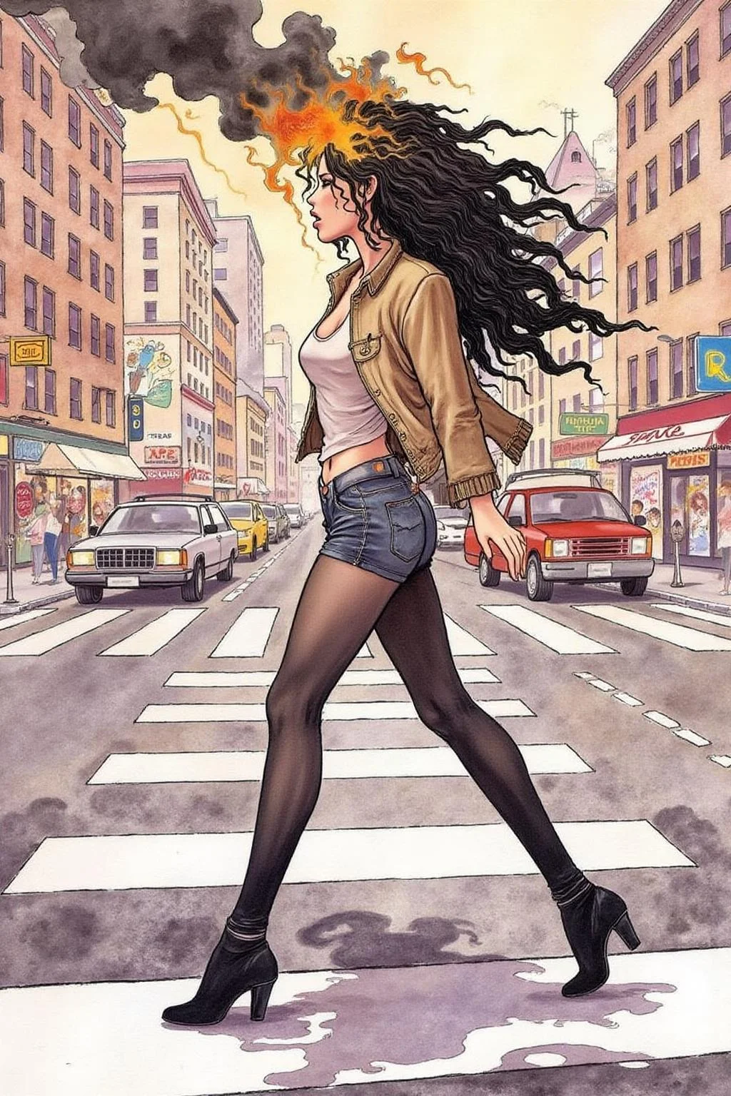itacomic1 illustration. Fantasy artwork. Profile of a woman with long black hair walking across the street at zebra crossing. Her hair is on fire, with black Smoke coming out of her head.  <lora:itacomic_mima3_fl_d4a2e8:1.0><lora:800896278683813589:0>