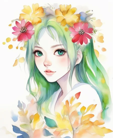 1girl,blue eyes,green hair,rose, camellia,daisy, freckles, portrait, petals, tulip,(background full of flowers) ,(face close up),(Open eyes),(vibrant colors),(autumn:1.5) <lora:watercolor_v1_sdxl:2.4>