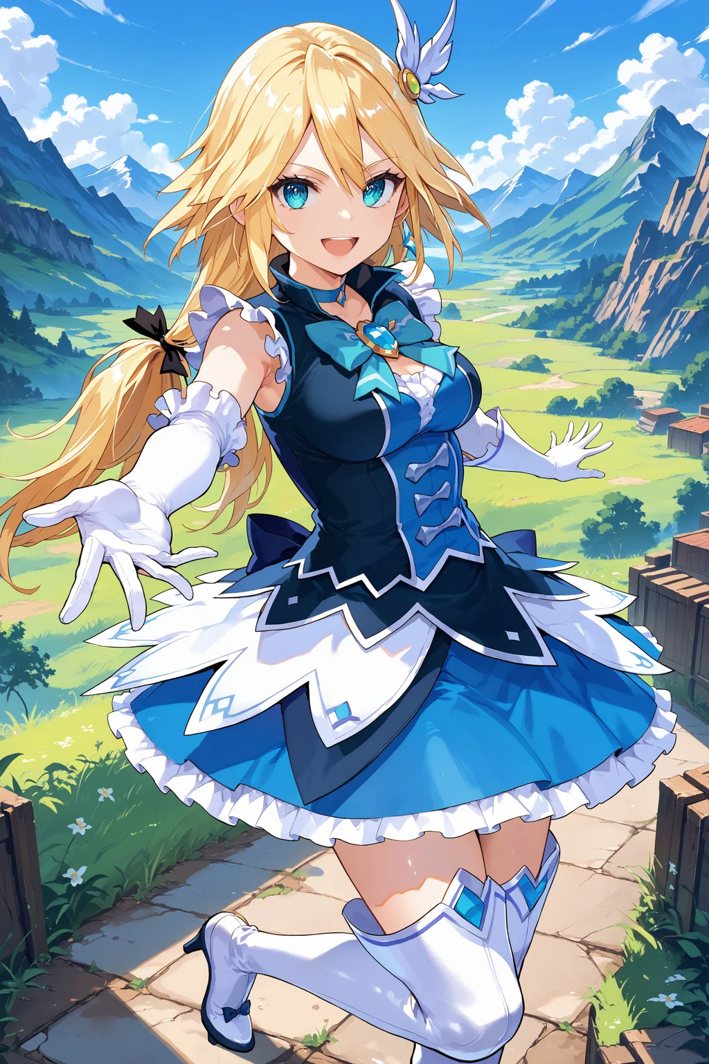 score_max, (score_9, score_8_up, score_7_up:1.2), score_6_up, official art,
masterpiece, absurdres, high detail,
mountains, wasteland, from side,
standing, apart legs, reaching towards viewer, outstretched arm, serious, smile, open mouth, looking at viewer,
superbia, low-twintails, magica2019, wing hair ornament, choker, blue dress, bowtie, brooch, blue bow, sleeveless, frills, white gloves, elbow gloves, blue skirt, thigh boots, white footwear, heels,
<lora:XL_Pony_MGCM-superbia-t1:1.0>