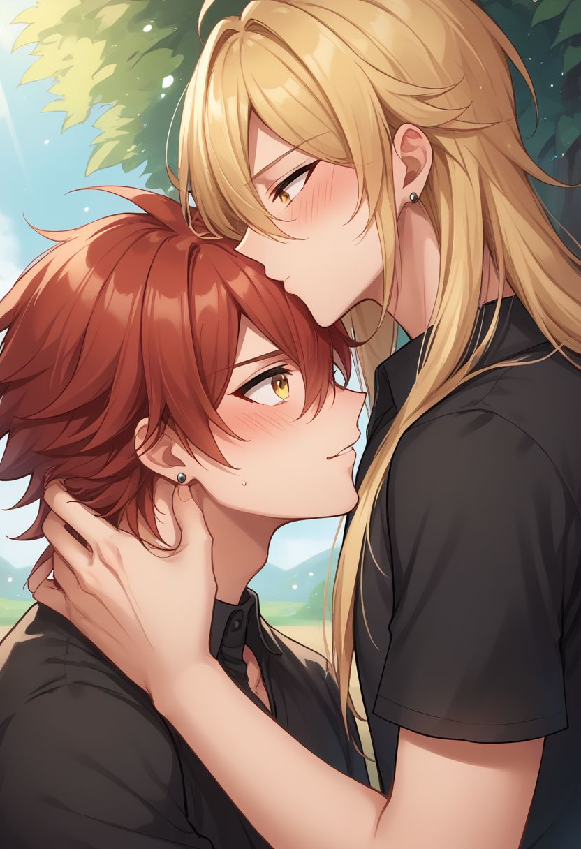 score_9, score_8_up, source_anime, highly detailed, 
kissing forehead, 2boys, blonde hair, multiple boys, male focus, red hair, long hair, yellow eyes, earrings, blush, bangs, hair between eyes, black gloves, yaoi, shirt, 
outdoor,
