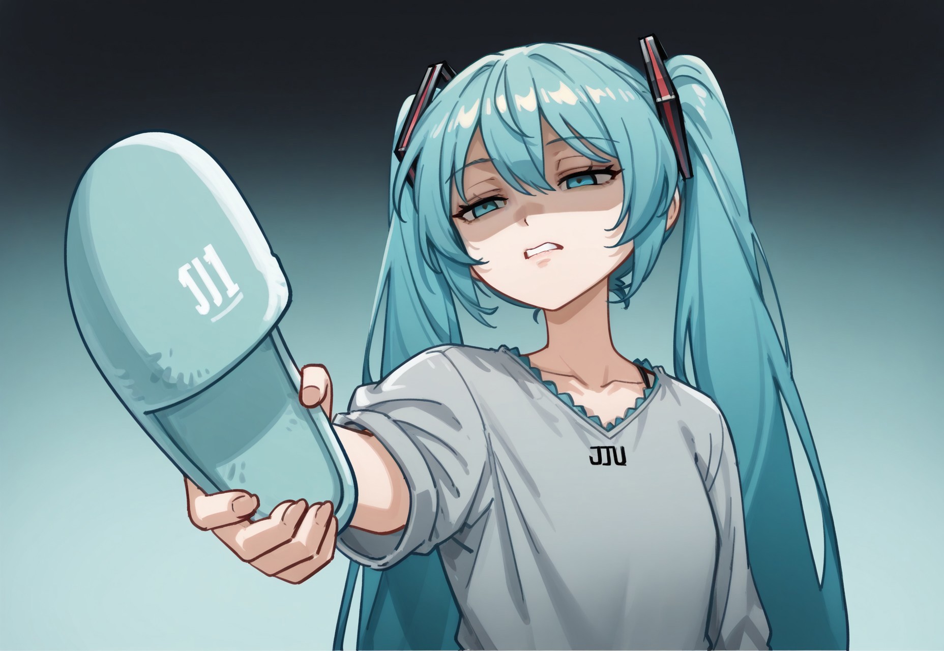 1girl, hatsune miku, slipperjesusmeme, slippers, upper body, parted lips, teeth, clenched teeth, shaded face, gradient background, blue background, holding, foreshortening, half-closed eyes, 