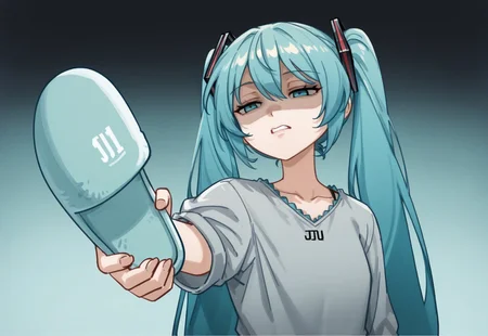 1girl, hatsune miku, slipperjesusmeme, slippers, upper body, parted lips, teeth, clenched teeth, shaded face, gradient background, blue background, holding, foreshortening, half-closed eyes, 