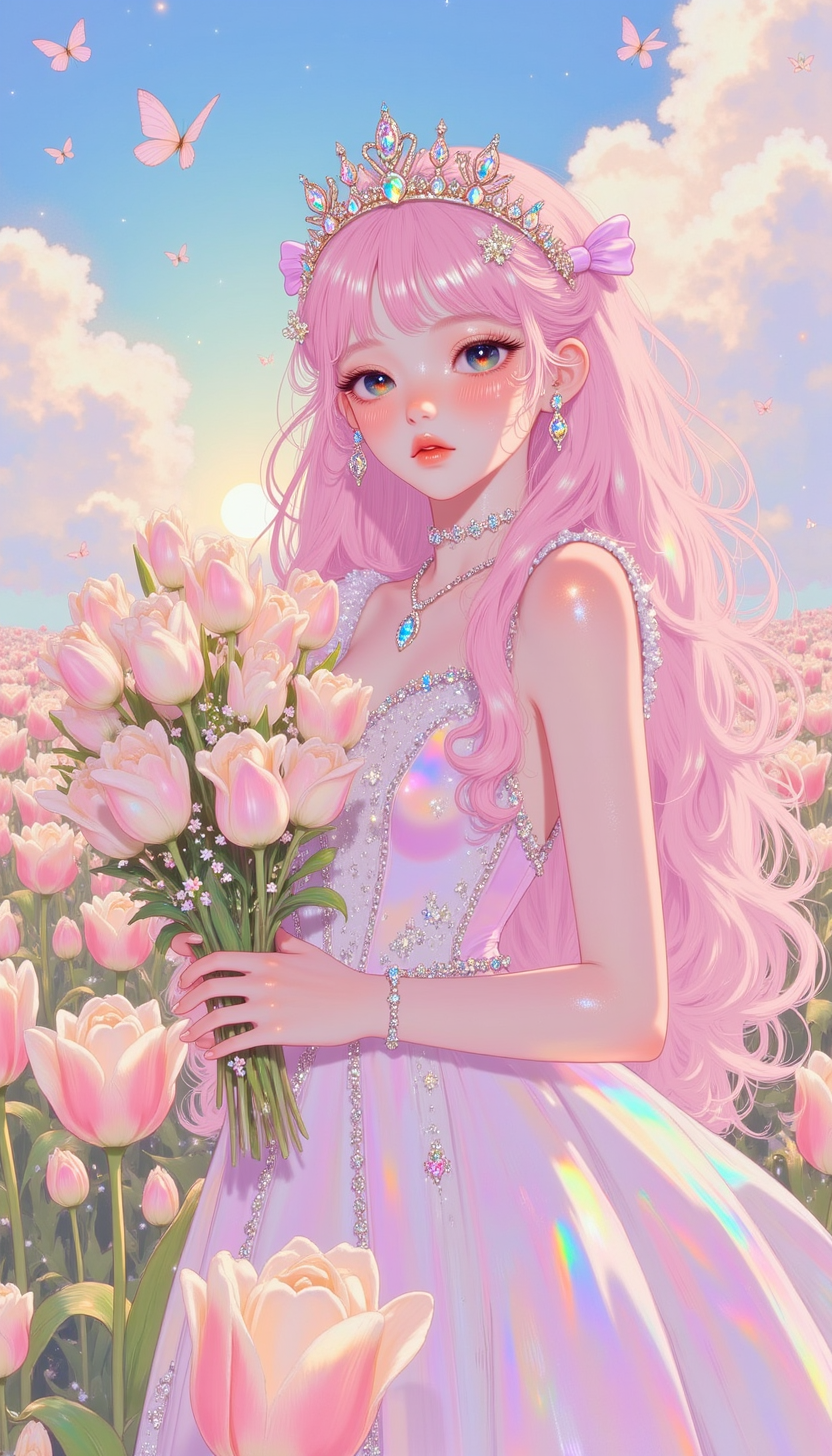 pinkprismaticglow, 
Depict spring illustrations with a soft color palette. A girl with long pink hair is very cute, princess dress, pink bow tiara, diamond necklace, earrings. With a dreamy look. She held a bunch of tulips in her hand. In the background is a colorful tulip field, and the soft, warm sun shines through the clouds. Shot up close, it gives a feeling of harmony and unity with spring nature.