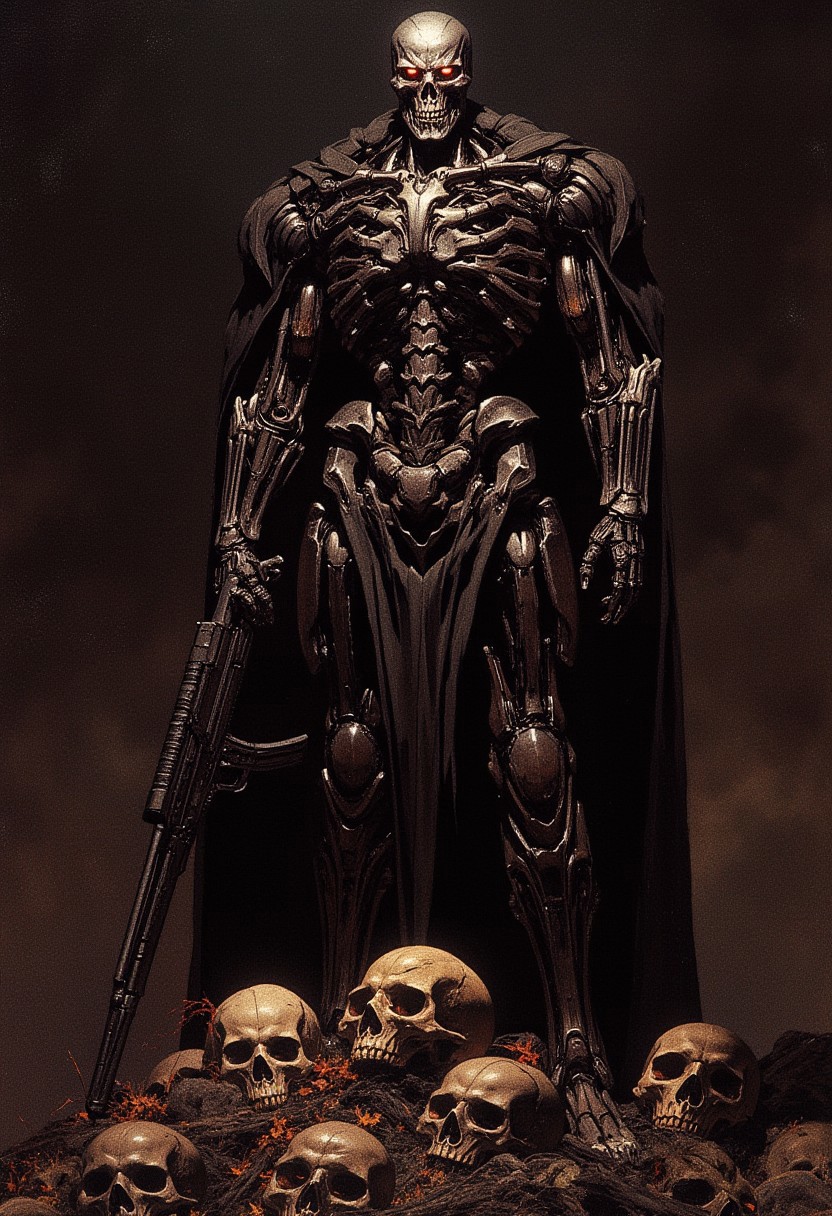detailed renaissance oil painting, masterpiece, FredFraiStyle, full length view, intricate detail, full length endoskeleton of terminator cybernetic machine soldier, with titanium skull and red glowing mechanical eyes, facing viewer, silhouetted, standing on a pile of human skulls, holding rifle, directional lighting, one side of face in darkness, masterpiece, perfect composition