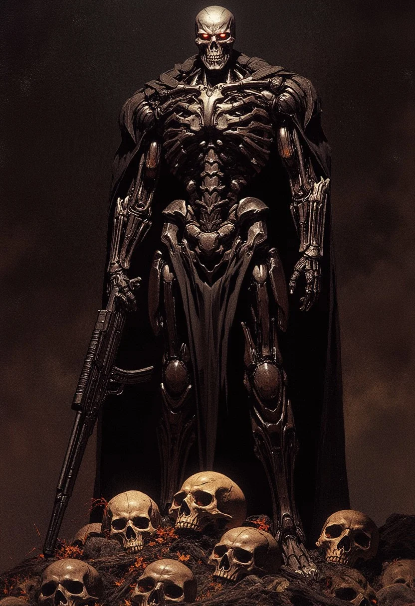 detailed renaissance oil painting, masterpiece, FredFraiStyle, full length view, intricate detail, full length endoskeleton of terminator cybernetic machine soldier, with titanium skull and red glowing mechanical eyes, facing viewer, silhouetted, standing on a pile of human skulls, holding rifle, directional lighting, one side of face in darkness, masterpiece, perfect composition