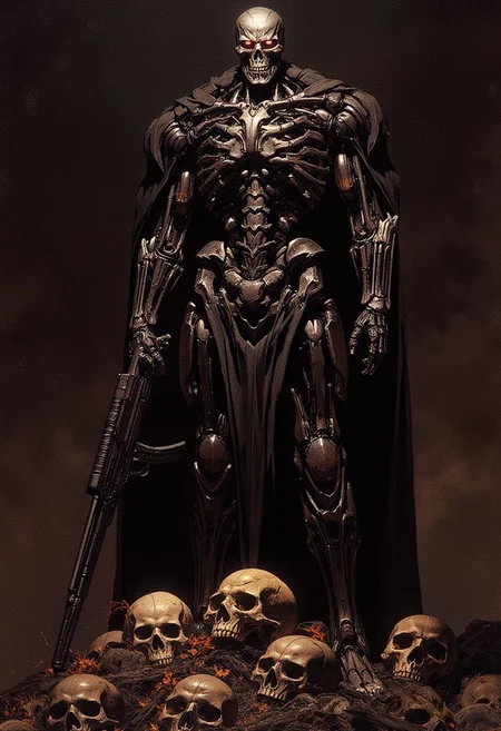 detailed renaissance oil painting, masterpiece, FredFraiStyle, full length view, intricate detail, full length endoskeleton of terminator cybernetic machine soldier, with titanium skull and red glowing mechanical eyes, facing viewer, silhouetted, standing on a pile of human skulls, holding rifle, directional lighting, one side of face in darkness, masterpiece, perfect composition