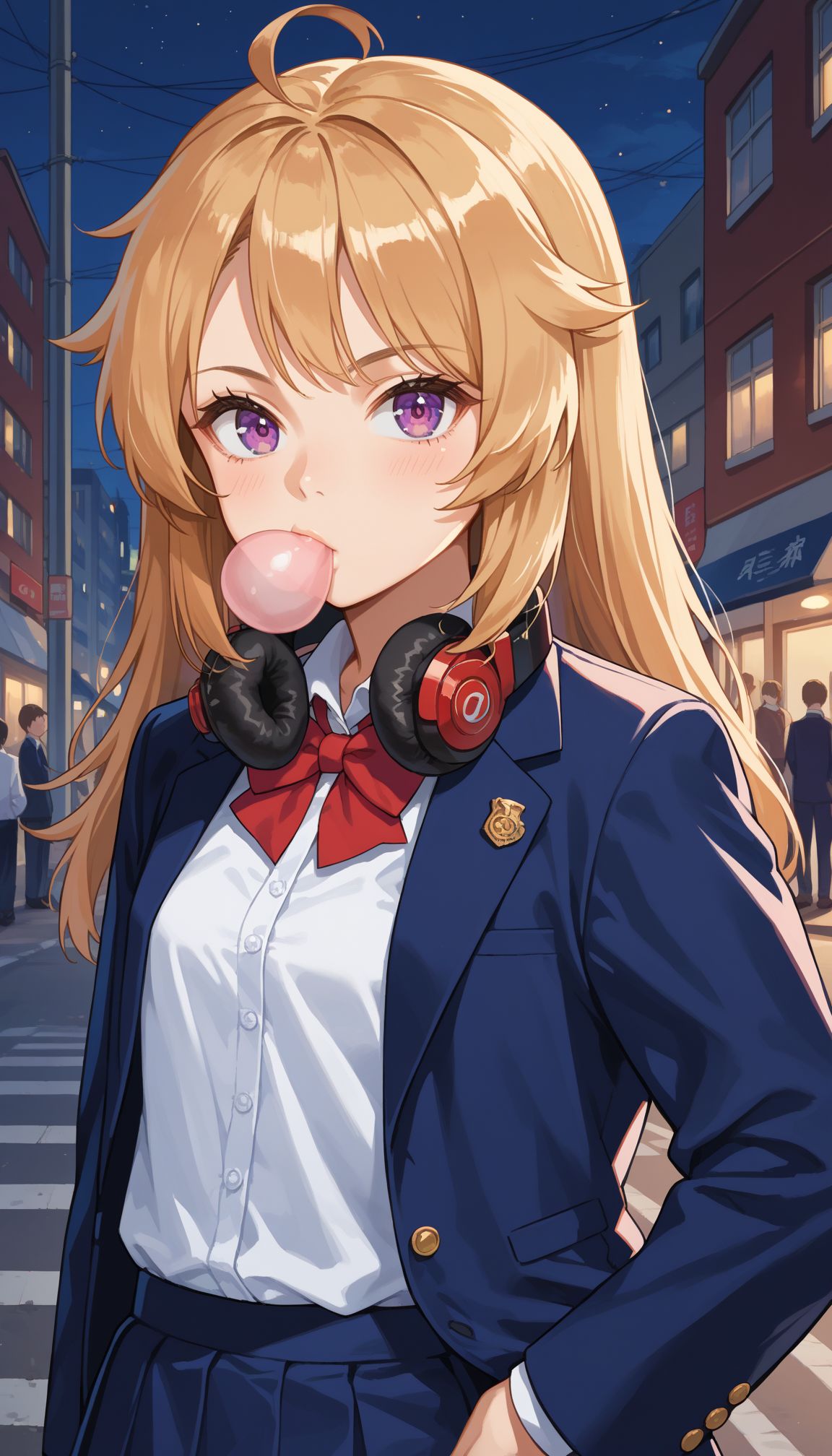 score_9, score_8_up, score_7_up, source_anime, 1girl, solo focus, outdoors, night, city, street,standing, hand on hips, upper body, 
  <lora:Columbia (azur_lane) :1> Columbia (azur_lane) , 1girl, pleated skirt, headphones around neck, school uniform, chewing gum, long hair, official alternate costume, white socks,, blue jacket, bubble blowing, looking at viewer, white shirt, kneehighs, shoes, ahoge, phone, red bow, , loafers, blue skirt, bowtie, purple eyes, ,blazer, , collared shirt, long sleeves, black footwear, b, open clothes, open jacket,